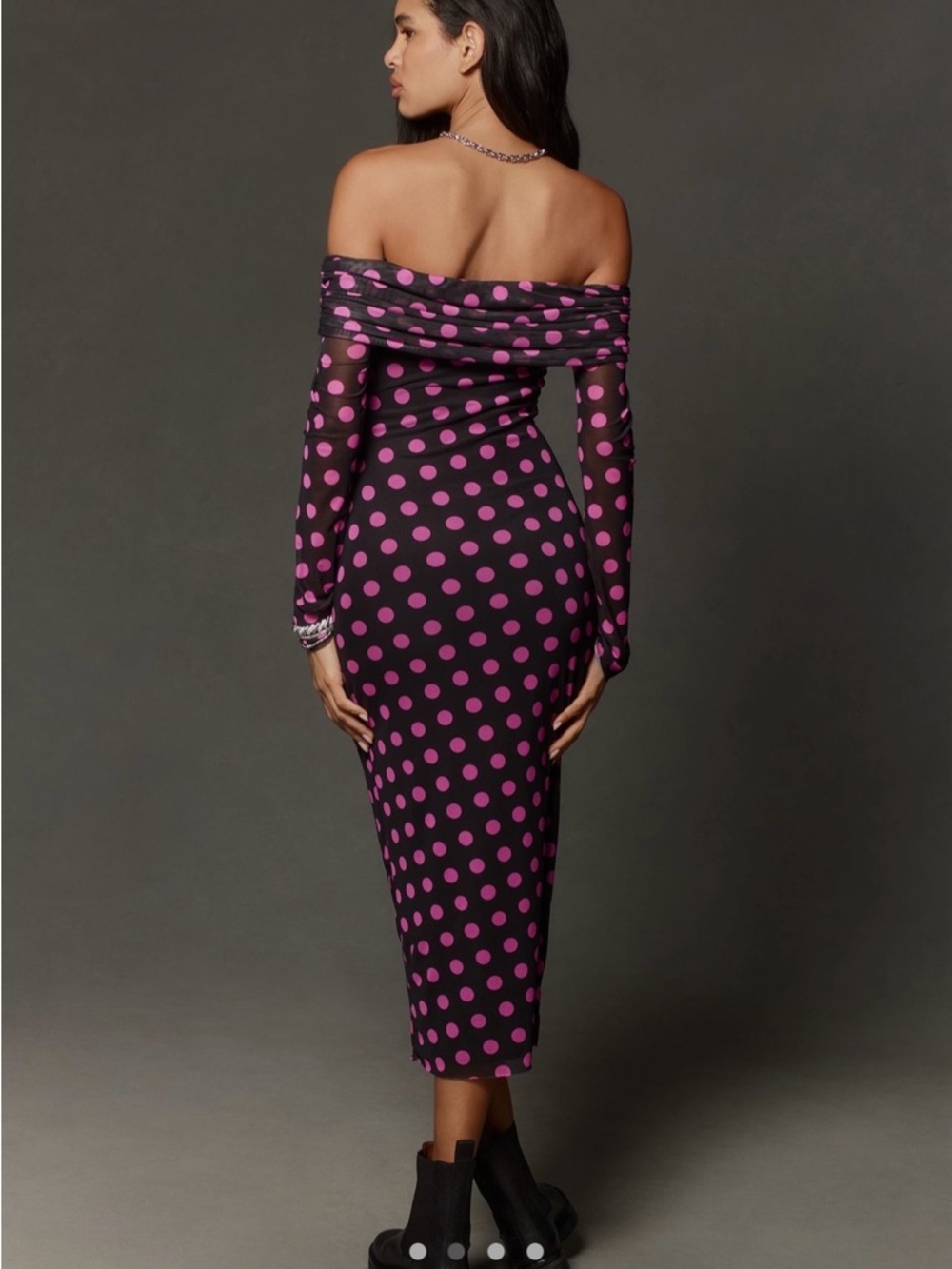 AFRM Praya Off-Shoulder Black Midi Dress with Pink Polka Dots